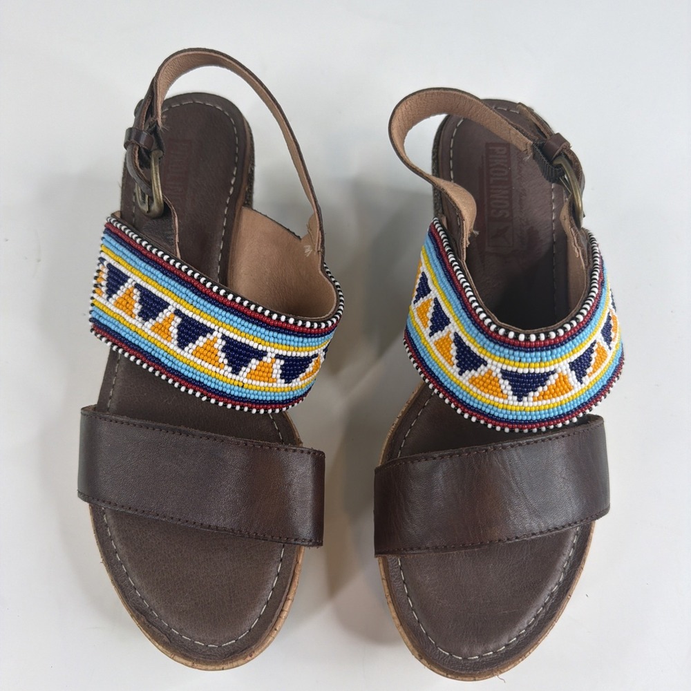 Pikolinos Womens 38 Brown Leather Beaded Wedge Sandals Boho Made in Spain - Picture 6 of 16